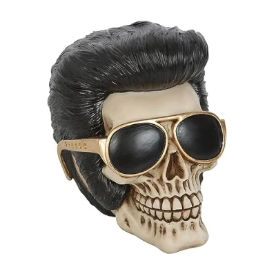 Imagen de Something Different Wholesale Rockstar Skull Ornament: Figura de tributo a Elvis con gafas sol doradas, coleccionable único Rock &amp; Roll para coleccionistas