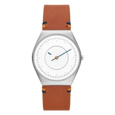 Imagen de Skagen Grenen reloj para hombre, movimiento solar con correa de acero o piel, Marrón y tono plateado, 37MM