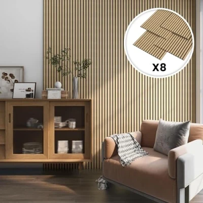 Imagen de NEU.HOLZ Set de 8x Paneles Pared Acústicos Revestimiento Paredes Listones Decorativos en MDF y Fieltro 120 x 60 2 cm (5,76 m²) Roble Claro