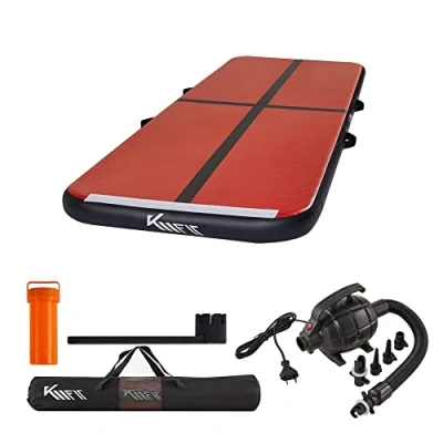 Imagen de KM Fit Airtrack Esterilla hinchable de 10 cm alto, 4 m, incluye bolsa transporte, bomba aire eléctrica y juego parches, resistente a los rayos UV, color negro rojo