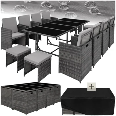 Imagen de TecTake® Juego de Muebles Jardín en Ratán, Conjunto Comedor para Exterior, 8 Sillas, 4 Taburetes, 1 Mesa, Set Mimbre Terraza o Patio, con Cojines y Fundas Gris Claro
