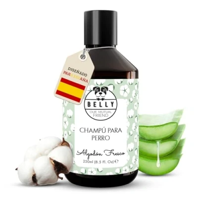 Imagen de Belly Champu Perros Piel Sensible con Aloe Vera y Manzanilla, 250ml Fórmula sin Alérgenos pH Equilibrado para Todas Las Razas Champú Adultos Cachorros Mayores hasta 38 Lavados