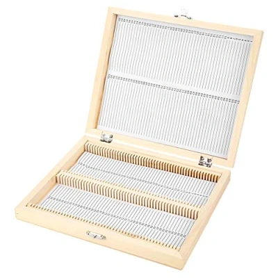 Imagen de caja de portaobjetos microscopio, almacenamiento madera para vidrio con cerradura microscopio preparados laboratorio,