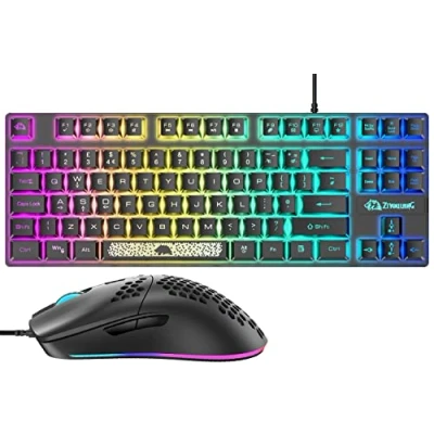 Imagen de UK 80% Teclado y Mouse para Juegos, de Tacto mecánico RGB con Cable + Ratón Juegos Ajustable 6400 dpi, Ratones Personalizados, PS4, PS5, Xbox, PC, Laptop, Mac (Negro)