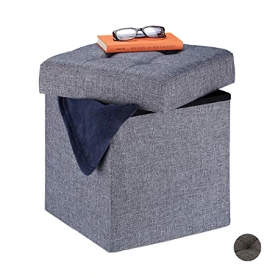 Imagen de Relaxdays Puff Almacenaje, Taburete Plegable Cuadrado Acolchado, DM Tela Gomaespuma, 1 Ud., 41 x 38 cm, Gris Oscuro