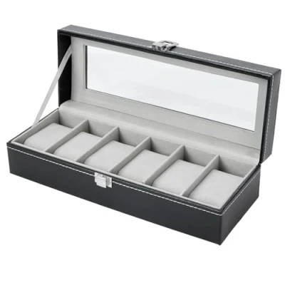Imagen de Caja Relojes con 6 Compartimentos, Ohuhu para Tapa de Cristal y Cojín Extraíble, Organizador, Regalo Cumpleaños Día del Padre Navidad