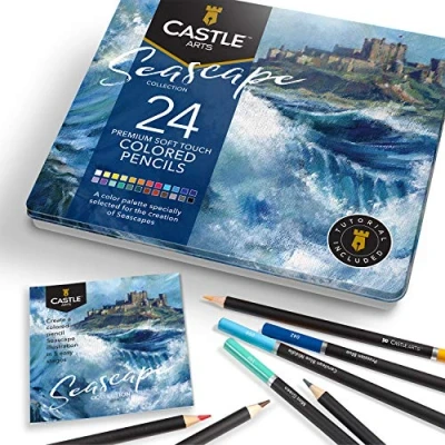 Imagen de Castle Arts 24 lápices de colores en un estuche metal, Seascape perfectos para dibujar, esbozar, colorear. Con núcleos blandos, mezcla superior y juego capas