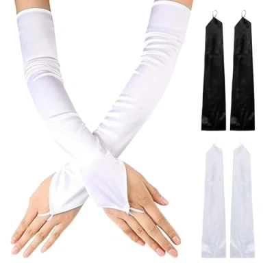 Imagen de 2 Pares de Guantes Mujer, Satén, Largos, sin Dedos, Suaves, Elásticos, Elegantes Mujer para Ocasiones Formales, Cosplay y Bodas (Blanco)