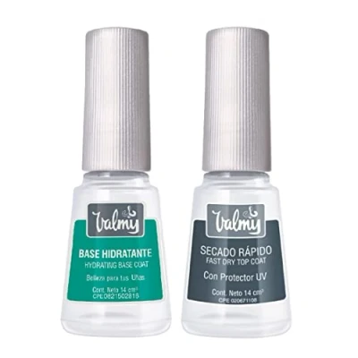 Imagen de VALMY Pack Hidratante y Fortalecedor de Uñas: Base con Keratina Vit E + Top Coat Secado Rapido, Esmaltes Protectores Endurecedores, Aportan Brillo Protección, 14ml c/u (2 unidades)
