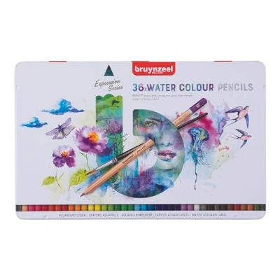 Imagen de Bruynzeel Expression Watercolor Pencils Set of 36 + Brush in Tin Lápices solubles en agua para adultos, Bullet Journaling
