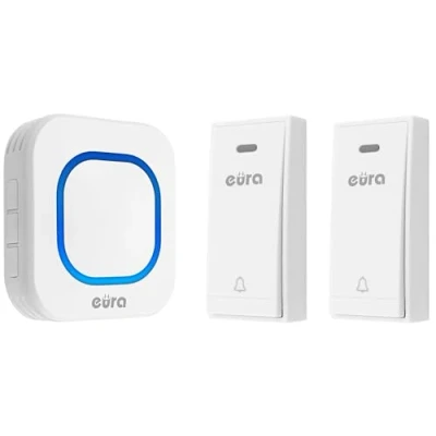 Imagen de Eura Tech Folk WDP 80H2 Timbre inalámbrico sin batería para Exteriores (Resistente al Agua, Alcance de 100 m, 58 Tonos, 4 Niveles Volumen), Dos transmisores