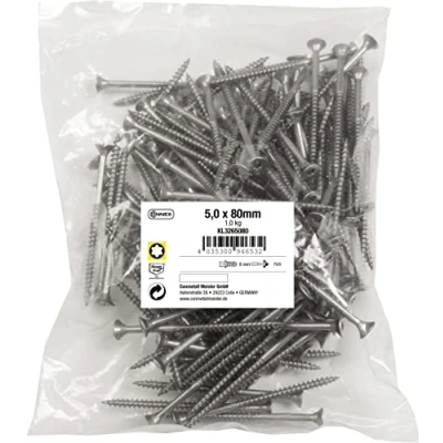 Imagen de Connex KL3265080 Tornillos universales (5,0 x 80 mm, 1 kg, cabeza avellanada, accionamiento TX, rosca parcial, acero inoxidable/juego de tornillos/tornillos en bolsa