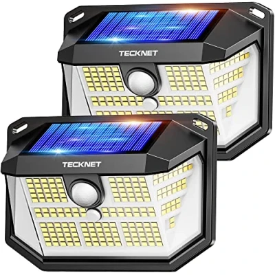 Imagen de TECKNET Luz Solar Exterior, 231 LED/300 Iluminación (Área de 35㎡) Brillo Alto Luces Solares con Sensor Movimiento, 3 Modes IP65 Impermeable Focos Led para Jardín, Garaje, Patio, 2 Paquete