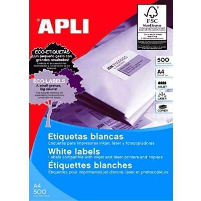 Imagen de APLI 1783 Etiquetas blancas permanentes adhesivas imprimibles, Inkjet Laser Copy, tamaño etiqueta 70 x 37mm, cantos rectos, pack de 500 hojas A4 (12000 etiquetas) , ideal para sobres