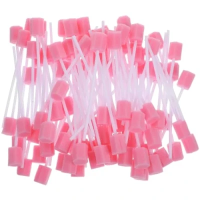 Imagen de FiTspi 100 hisopos desechables de esponja para el cuidado bucal con palo, color rosa, prácticos dentales limpieza dientes