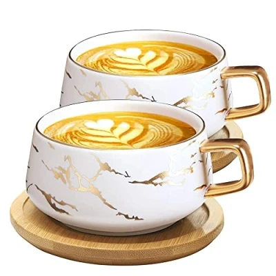 Imagen de VETIN 2 tazas de capuchino con plato, taza mármol, 300 ml, café porcelana para té, café, capuchino, disco madera (blanco * 2)