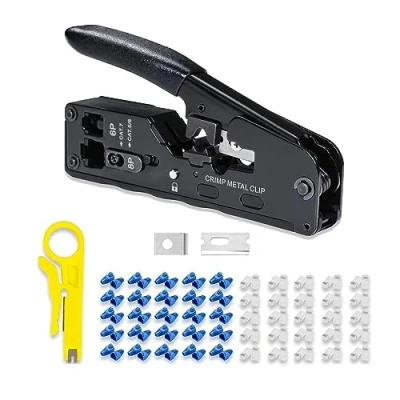 Imagen de 6COMGIGA Herramienta de crimpado RJ45 RJ12 todo en uno, crimpadora Ethernet para conector modular Cat5, Cat5e, Cat6, Cat6a, Cat7, con mini pelacables, 50 conectores y cubiertas CAT6