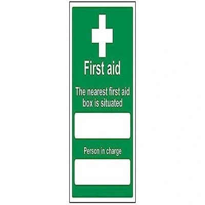 Imagen de vsafety 31010 au s &quot;El más cercano primeros auxilios Caja Is Situado&quot; General señal, autoadhesivos, vertical, 200 mm x 300 mm, verde