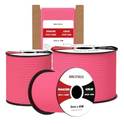 Imagen de Brotree Paracord 3mm 50M Cuerda 100% Nylon Tipo II 3 Hebras 425 para Exterior, Bricolaje 192 kg Carga de Rotura (Rosa Neón)