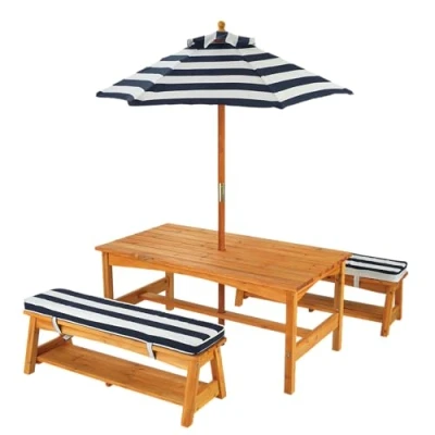 Imagen de KidKraft Conjunto jardín de Mesa y 2 Bancos Madera para niños con sombrilla Cojines, Muebles terrazza, Patio Exterior al Aire Libre (00106)
