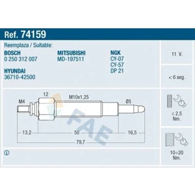 Imagen de FAE 74159 Bujía de precalentamiento 11V M 10x1,25 HYUNDAI: H 1 / Starex MPV, GALLOPER 2, Furgón, MITSUBISHI: Galloper, L200 II Pick up
