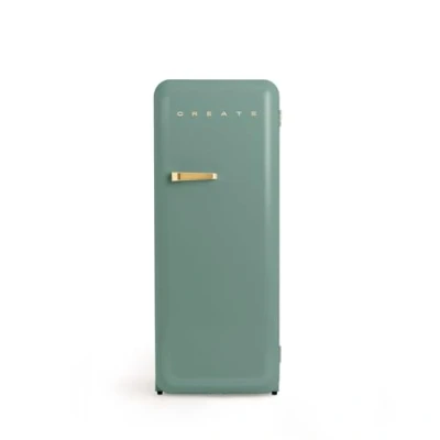 Imagen de CREATE / RETRO FRIDGE 150 GOLD/Frigorífico verde sage maneta dorada con congelador 281L 102W, bajo consumo, diseño vintage, 150cm, 3 estantes, regulador temperatura, botellero, 60x60x150cm