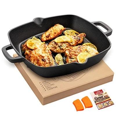 Imagen de OVERMONT Sartén de hierro fundido lista para usar con dos asas, 26 cm, barbacoa gas, horno, carbón