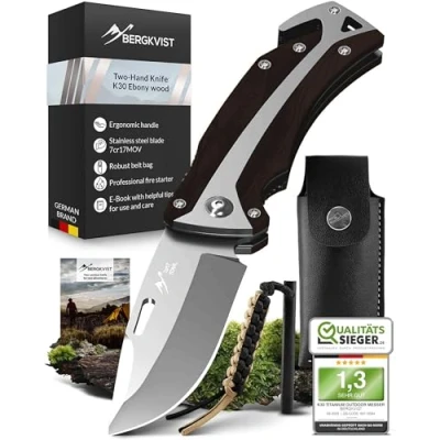 Imagen de BERGKVIST K30® Cuchillo plegable (navaja de dos manos) Navaja bolsillo 3 en 1 con rompecristales y cortacinturones para exteriores supervivencia Mango ébano