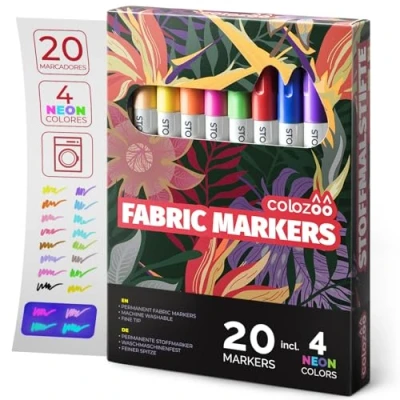 Imagen de colozoo Juego de 20 lápices colores UV neón y 16 rotuladores textiles resistentes a la lavadora, para textiles, polímeros, bolsas, camisetas, papel otros