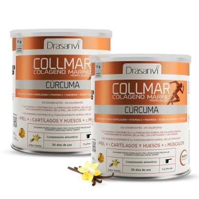 Imagen de DRASANVI COLLMAR Colageno Marino Hidrolizado + Curcuma con Magnesio, Vitamina C, Ácido Hialurónico Articulaciones y musculos Máx. asimilación 9.595 mg/día 2 x 340g de polvo Collagen Vainilla