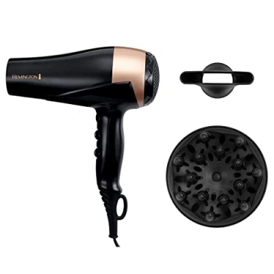 Imagen de Remington Secador de pelo iónico [cuidado brillo y suavidad, cabello natural colorido] (potente 2200 W, antifrizz, 3 temperaturas/2 velocidades, 2 accesorios) D6098