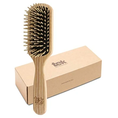 Imagen de TEK Cepillo Rectangular Medio de Madera Fresno con Púas Cortas, Hecho a Mano en Italia, Para Pelo Fino o Liso 22 x 5.5 cm