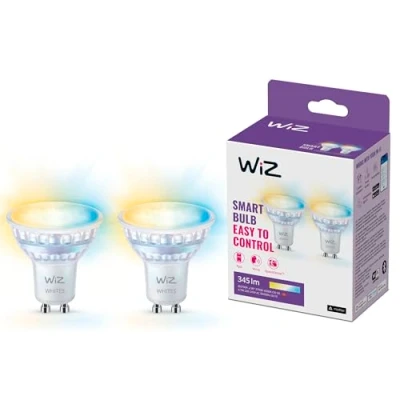 Imagen de WiZ Bombilla LED inteligente GU10 de cristal 50W, tonos blanco, Wi Fi/Bluetooth, control por voz/aplicación, funciona con Google Home, Alexa y HomeKit, pack 2 bombillas