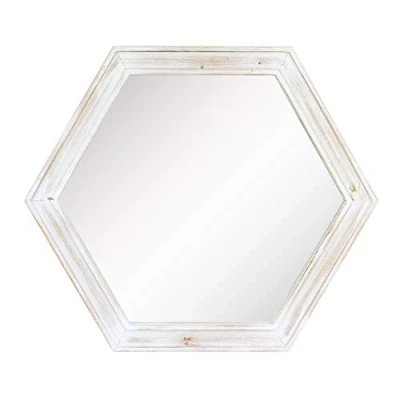 Imagen de Stonebriar Espejo de Pared Decorativo Hexagonal 61 cm con Marco Madera Pintada Blanco Desgastado y Soporte para Colgar Adjunto