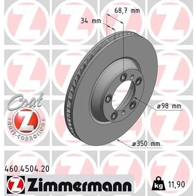 Imagen de ZIMMERMANN 460.4504.20 Disco de freno 350 34 7/5 5 130 ventilación interna revestido altamente carbonizado