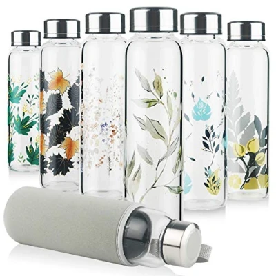 Imagen de Reeho Botella de Agua Cristal Borosilicato Deportivo con Funda Neopreno Tapa Acero Inoxidable 500ml / 1000ml 1 Litre