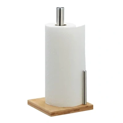 Imagen de Relaxdays Portarrollos Cocina Vertical, Bambú, Acero Inoxidable, Soporte Rollos con Tope, 33x16x16 cm, Natural/Plateado