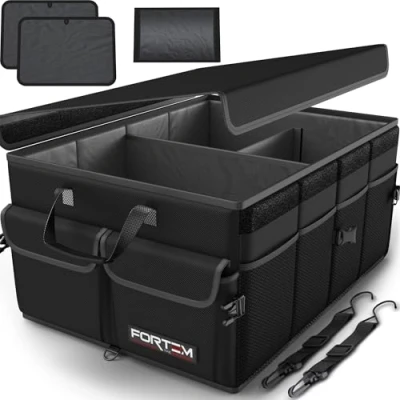 Imagen de FORTEM Organizador de Maletero Coche y SUV para Almacenamiento Caja Plegable con 2 Compartimentos Grande Base Antideslizante Cinchas Ajustables Tapa Extraíble (Negro)