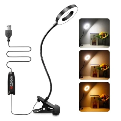 Imagen de Akynite Flexo Negro con Pinza, 48 LEDs, 3 Colores y 10 Intensidades Variables, Luces Mesilla de Noche, Lampara Pinza para Cabecero Cama, Luz LED Lectura Libros, Aro Tatuar, Manicura