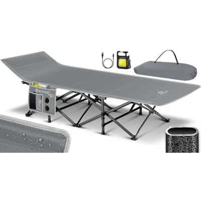 Imagen de KESSER® cama de camping plegable, con bolsa transporte, luz + bolsillo lateral, estable 250 kg, tubo metal 600D, tejido Oxford portátil, color gris, 210 cm