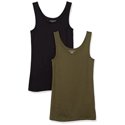 Imagen de Amazon Essentials Camiseta Ajustada sin Mangas Mujer, Pack de 2, Negro/Verde Oliva, XXL