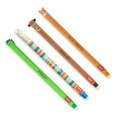 Imagen de Legami Juego de 4 bolígrafos gel borrables, Temas Dino, Teddy Bear, Corgi, llama, bola en el extremo para eliminar la tinta Negro, Azul, Verde, Rojo, termosensible, punta 0,7 mm diámetro