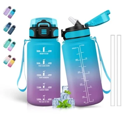 Imagen de Botella Agua, 500ml Agua Niños, con Pajita, A Prueba de Fugas, Reutilizable, Botellas Niños Colegio, Cantimplora Infantil para la Escuela, Oficina, Viajar, Azul Morado