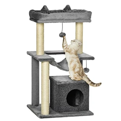 Imagen de PawHut Árbol Rascador para Gatos Altura 90 cm Torre de 3 Niveles con Nido Hamaca Plataforma Bolas Colgantes y Poste Sisal 48x48x90 Gris