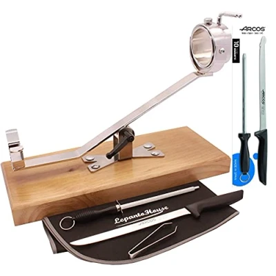 Imagen de LEPANTO LepantoHouse Soporte Jamonero Future Basculante Giratorio Base Madera Color Nogal para Jamones y Paletillas + Cuchillo Arcos Niza CHAIRA Cubre Jamon Pinza (Madera Nogal)