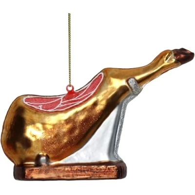 Imagen de Adorno para árbol de Navidad cristal, 15,2 cm, colgar, pintado a mano y con purpurina, colgante decoración Navidad, jamón dorado