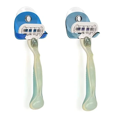 Imagen de kwmobile 2x Soporte para maquinilla de afeitar con ventosa Set organizador adhesivo el baño vidrio y azulejos azul/azul claro