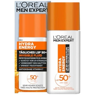 Imagen de L&#039;Oréal Men Expert Protección solar UV SPF 50 para hombres, líquido invisible la cara contra los rayos del sol, protector 50+ el envejecimiento con vitamina C, Hydra Energy, 1 x