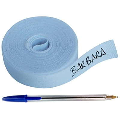 Imagen de Rollo de cinta termoadhesiva 3 metros x 1 cm. Etiquetas tela para escribir el nombre con boli y planchar en la ropa. Ideal residencias colegios. Incluye bolígrafo. (Azul)