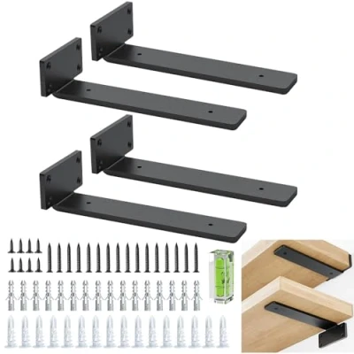 Imagen de Escuadra Metalica 4 Soportes De Pared Para Estantes, Estante Negros, En L Metal Resistente Montaje (Negro, 20 Cm/Pulgada)